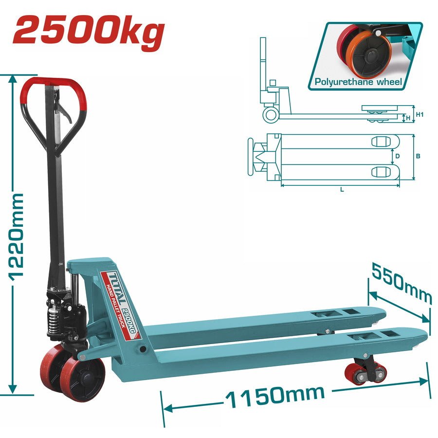 TOTAL THT301251 Hand Pallet Truck 2500kg – Heavy Duty Hydraulic Pallet Jack, 550 x 1150mm Forks, Polyurethane Wheels