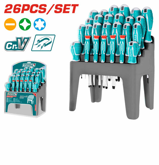 TOTAL THT250626 26-Piece Screwdriver Set – CR-V Steel Slotted, Phillips & Precision Screwdrivers with Storage Frame