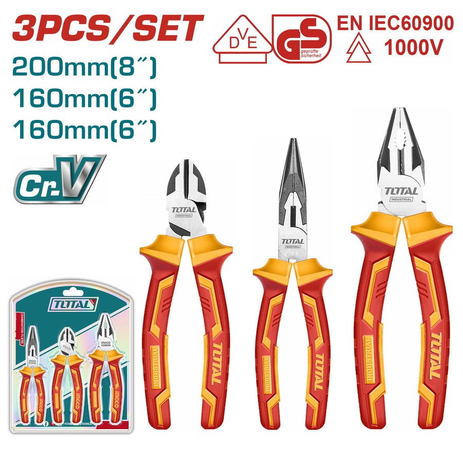TOTAL 3 Pcs Insulated Pliers Set 1000V, CR-V Steel Combination, Long Nose & Diagonal Cutting Pliers
