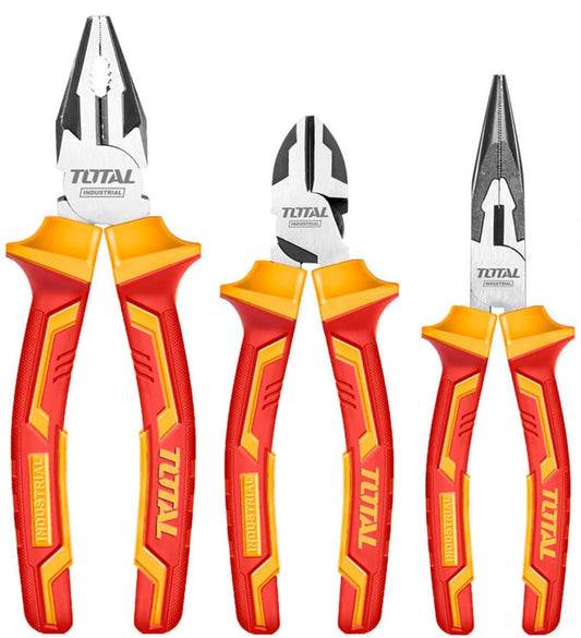 TOTAL 3 Pcs Insulated Pliers Set 1000V, CR-V Steel Combination, Long Nose & Diagonal Cutting Pliers