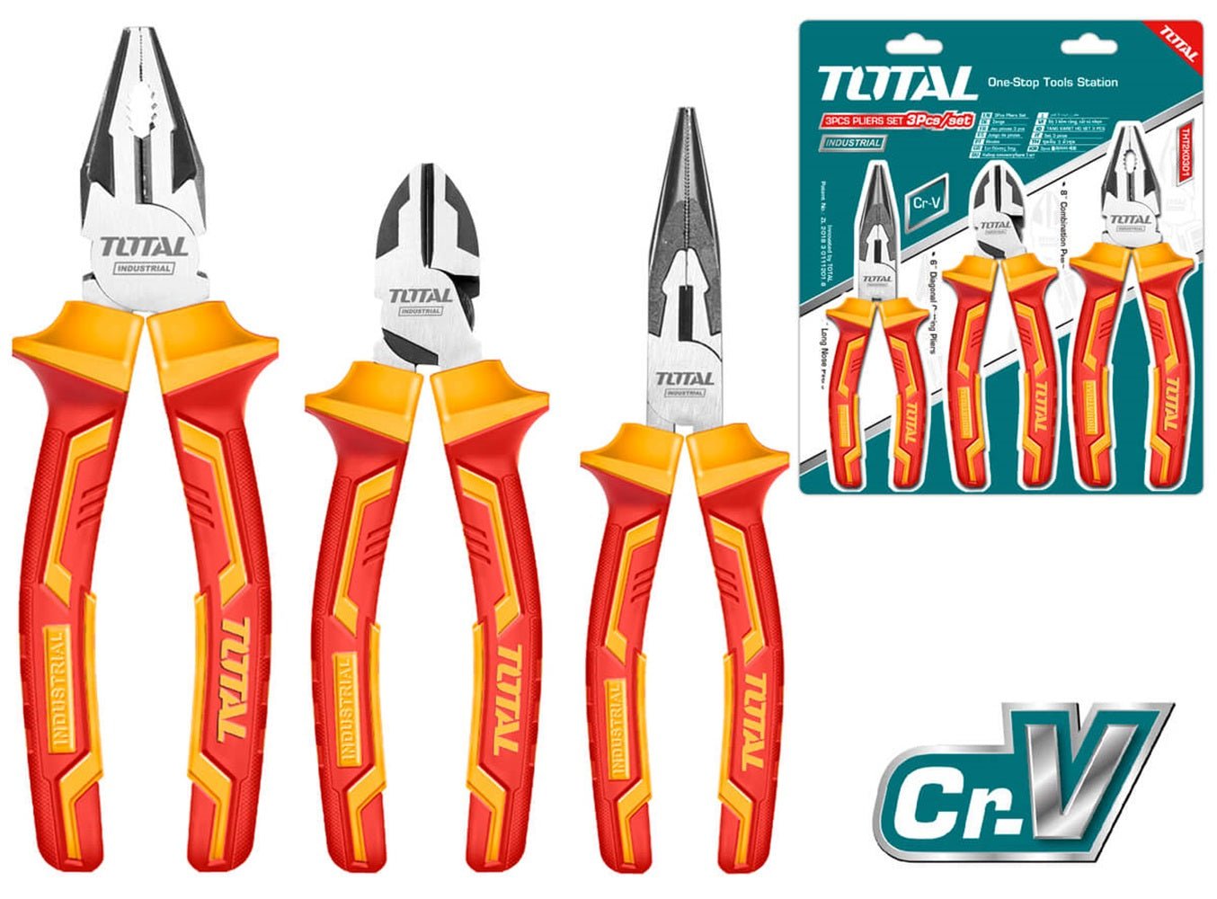 TOTAL 3 Pcs Insulated Pliers Set 1000V, CR-V Steel Combination, Long Nose & Diagonal Cutting Pliers