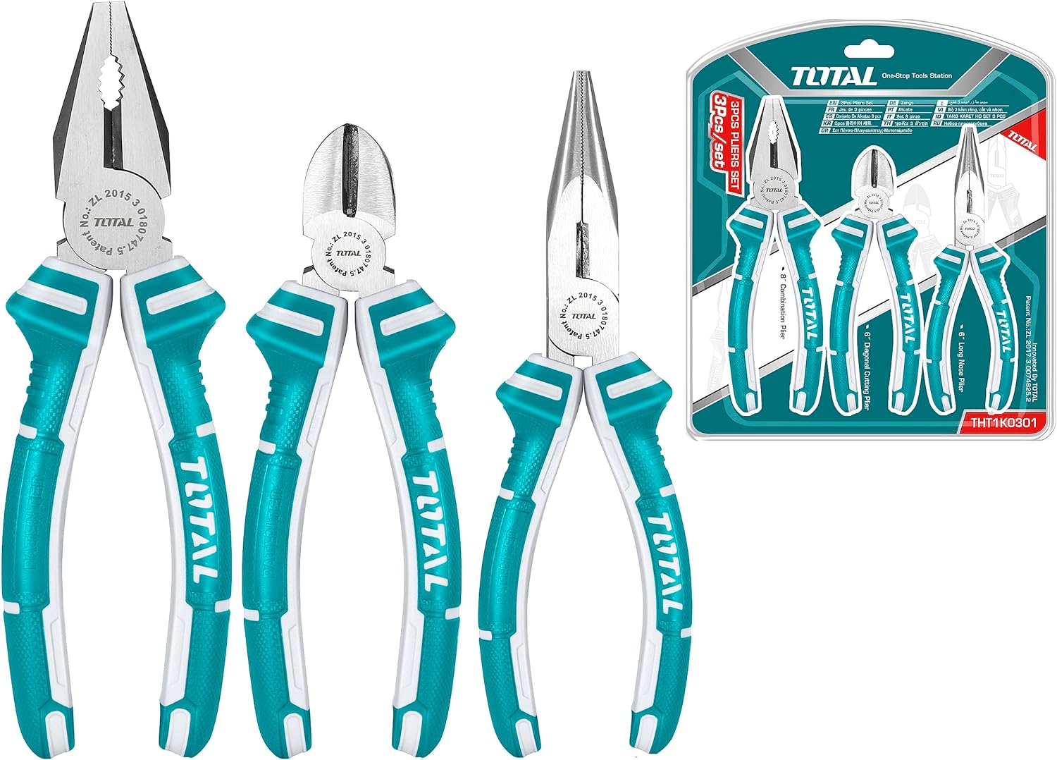 TOTAL THT1K0301 3-Piece Industrial Pliers Set – Combination, Long Nose & Diagonal Cutting Pliers with Anti-Rust Carbon Steel Construction