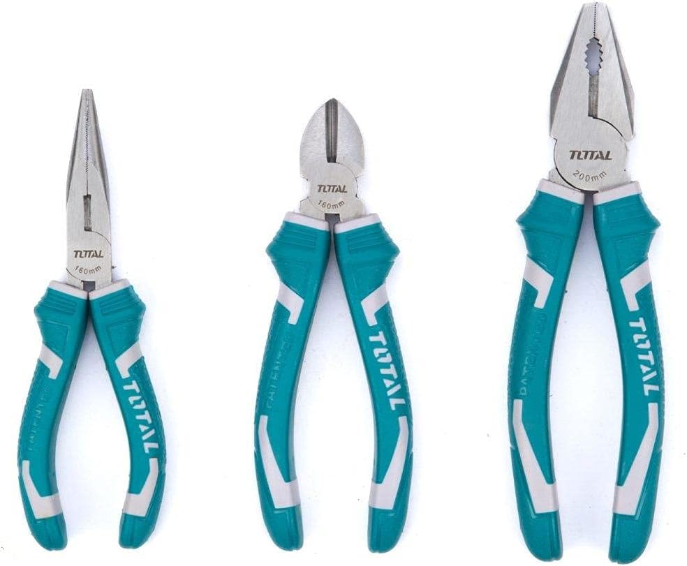 TOTAL THT1K0301 3-Piece Industrial Pliers Set – Combination, Long Nose & Diagonal Cutting Pliers with Anti-Rust Carbon Steel Construction
