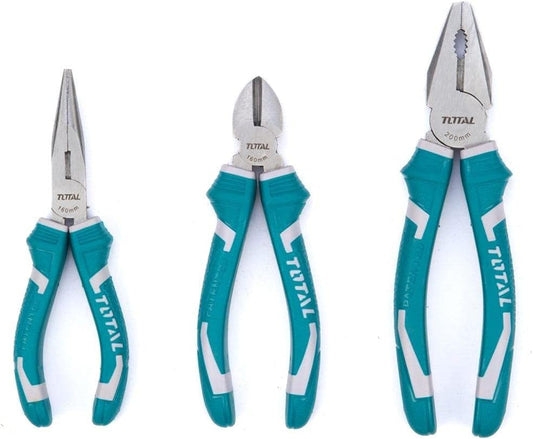 TOTAL THT1K0301 3-Piece Industrial Pliers Set – Combination, Long Nose & Diagonal Cutting Pliers with Anti-Rust Carbon Steel Construction