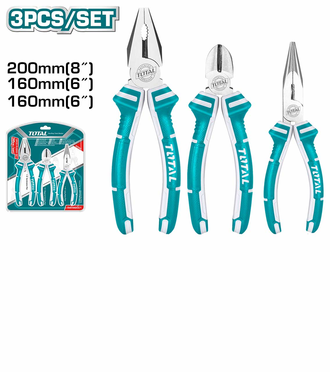 TOTAL THT1K0301 3-Piece Industrial Pliers Set – Combination, Long Nose & Diagonal Cutting Pliers with Anti-Rust Carbon Steel Construction