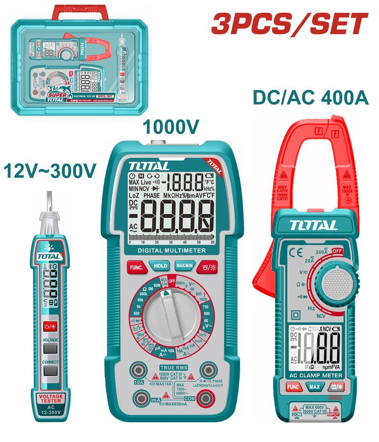 TOTAL TMT43028 Electrical Test Kit – Digital Multimeter, AC Clamp Meter & Non-Contact Voltage Detector Set