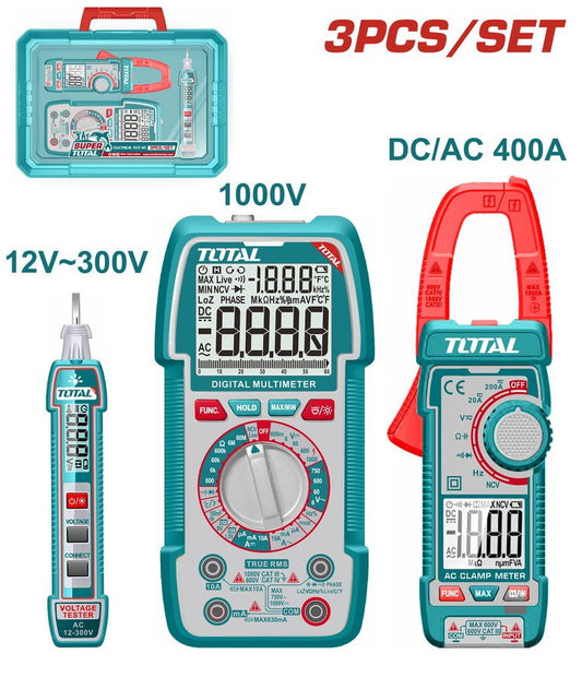 TOTAL TMT43028 Electrical Test Kit – Digital Multimeter, AC Clamp Meter & Non-Contact Voltage Detector Set