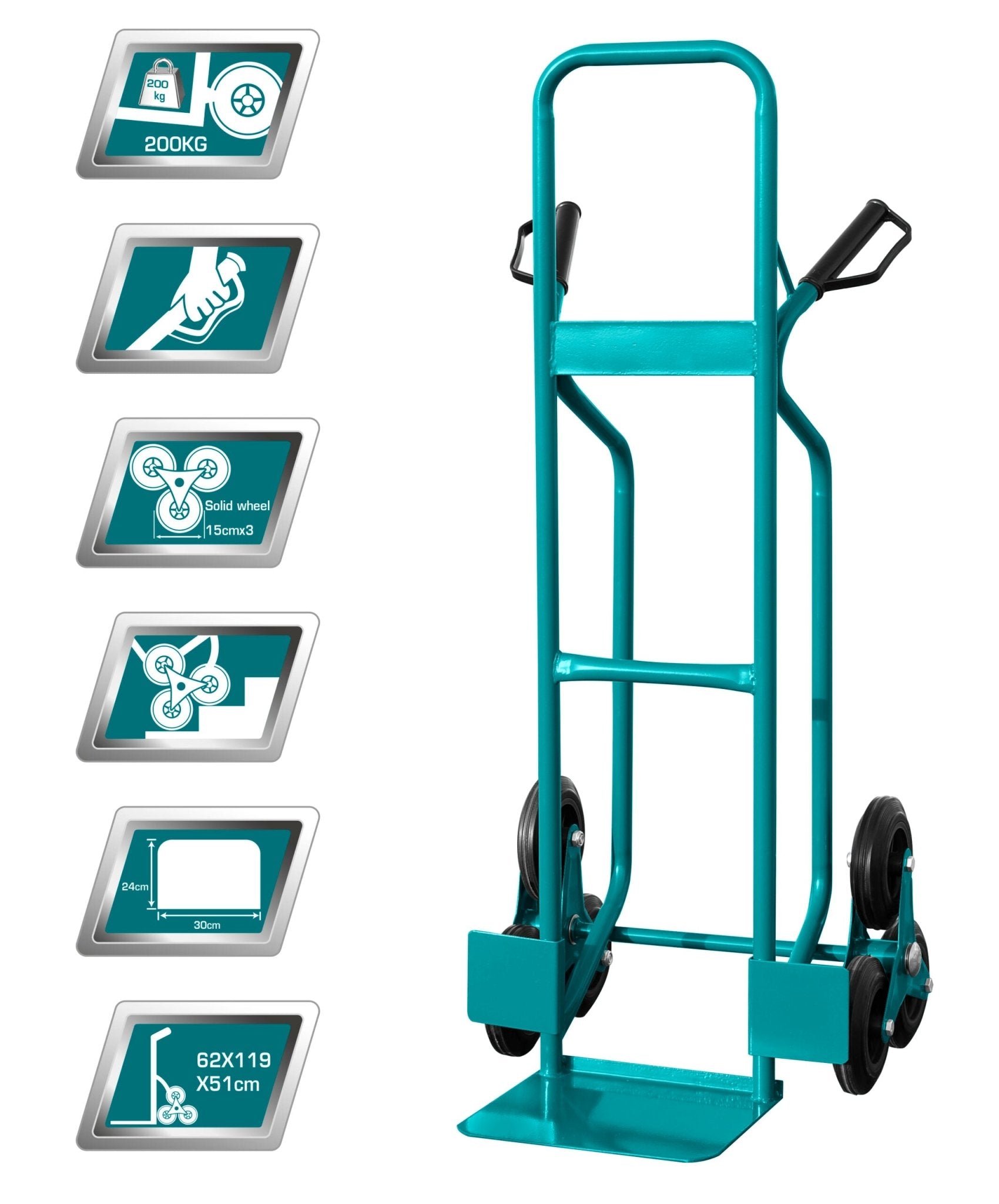 TOTAL THTHT20461 3-Wheel Stair Climbing Hand Trolley – 200kg Load Capacity, Heavy-Duty Steel Frame, Solid Wheels for Stairs & Heavy Cargo