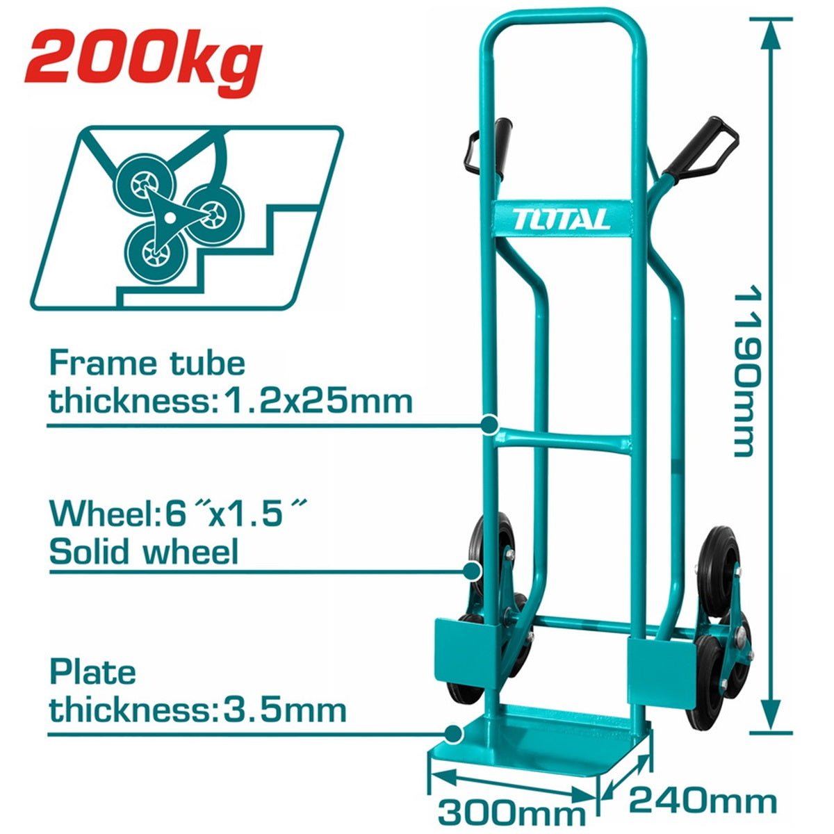 TOTAL THTHT20461 3-Wheel Stair Climbing Hand Trolley – 200kg Load Capacity, Heavy-Duty Steel Frame, Solid Wheels for Stairs & Heavy Cargo