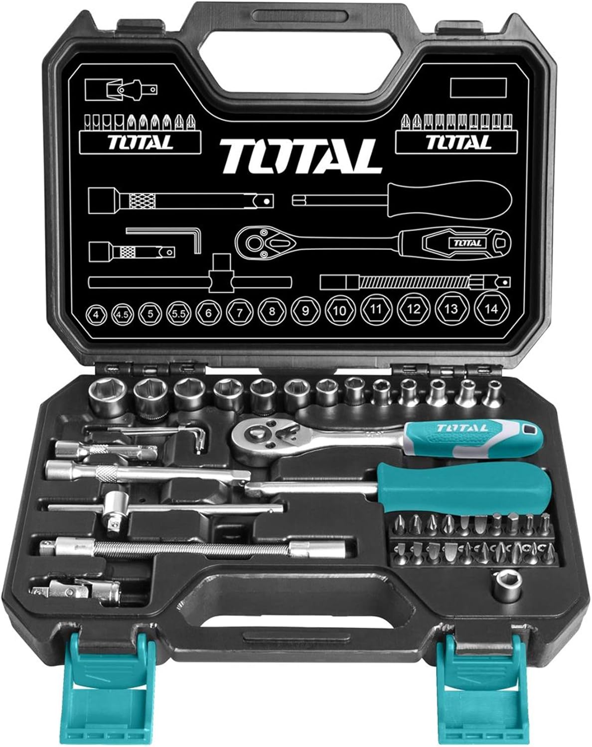 TOTAL 45 Pcs 1/4" Drive Socket Set, 45T Ratchet Wrench, Flexible Extension Bar, BMC Tool Case