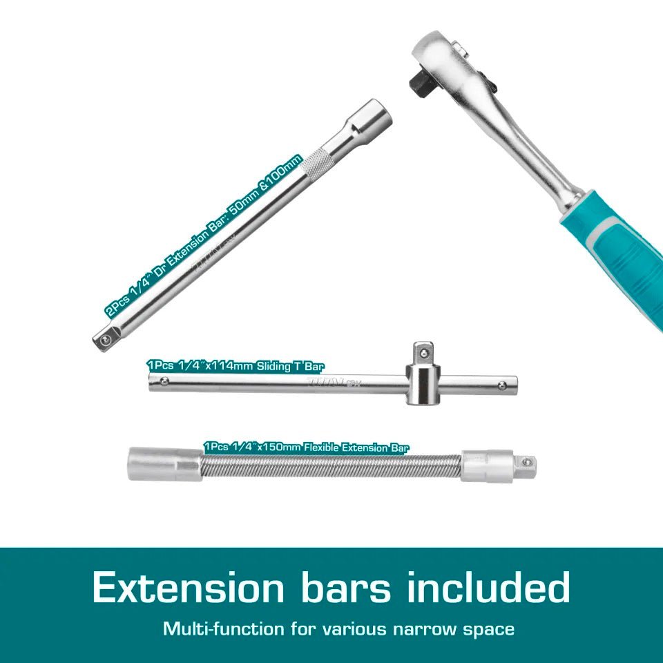 TOTAL 45 Pcs 1/4" Drive Socket Set, 45T Ratchet Wrench, Flexible Extension Bar, BMC Tool Case