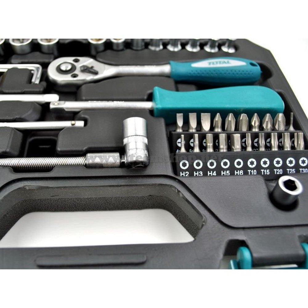 TOTAL 45 Pcs 1/4" Drive Socket Set, 45T Ratchet Wrench, Flexible Extension Bar, BMC Tool Case