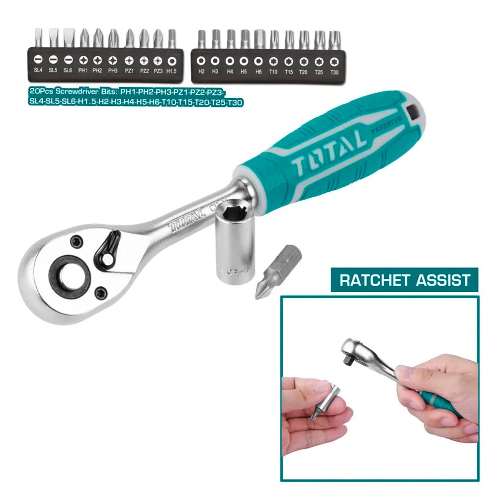 TOTAL 45 Pcs 1/4" Drive Socket Set, 45T Ratchet Wrench, Flexible Extension Bar, BMC Tool Case