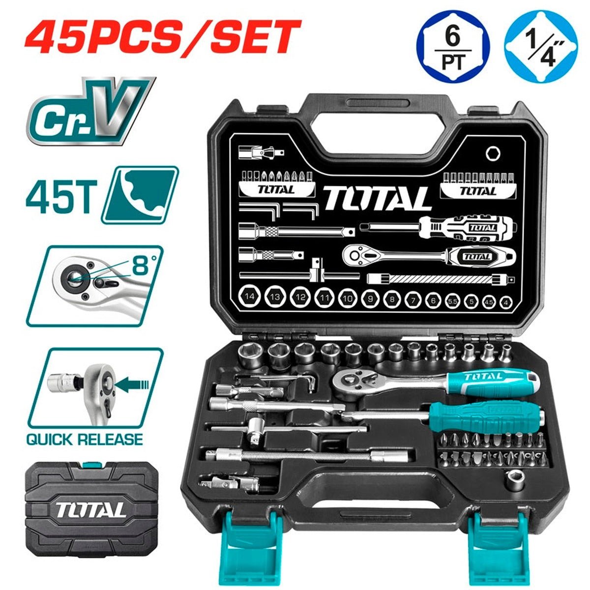 TOTAL 45 Pcs 1/4" Drive Socket Set, 45T Ratchet Wrench, Flexible Extension Bar, BMC Tool Case