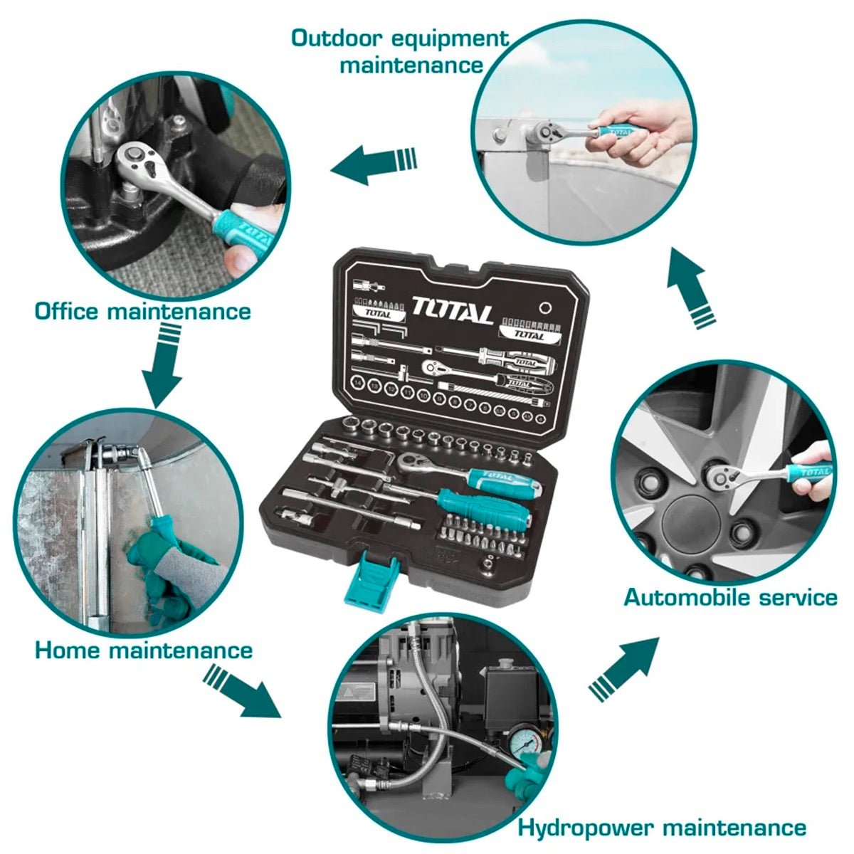 TOTAL 45 Pcs 1/4" Drive Socket Set, 45T Ratchet Wrench, Flexible Extension Bar, BMC Tool Case