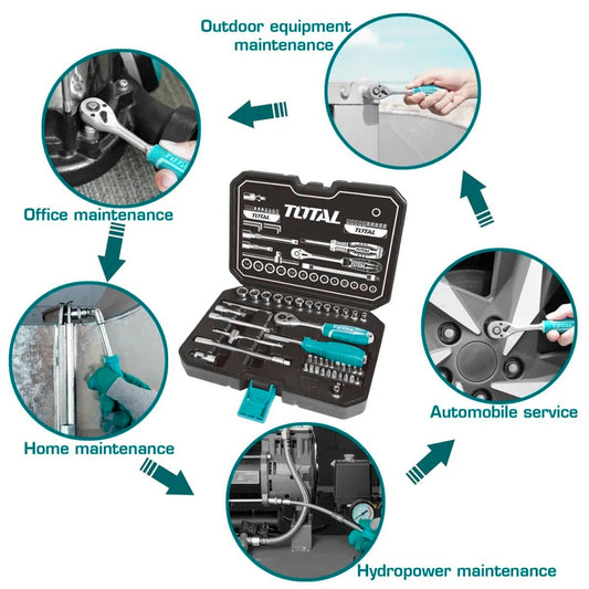 TOTAL THT141451 45-Piece 1/4" Drive Socket Set – CR-V Steel Ratchet & Socket Tool Kit with Bits, Extensions and Storage Case
