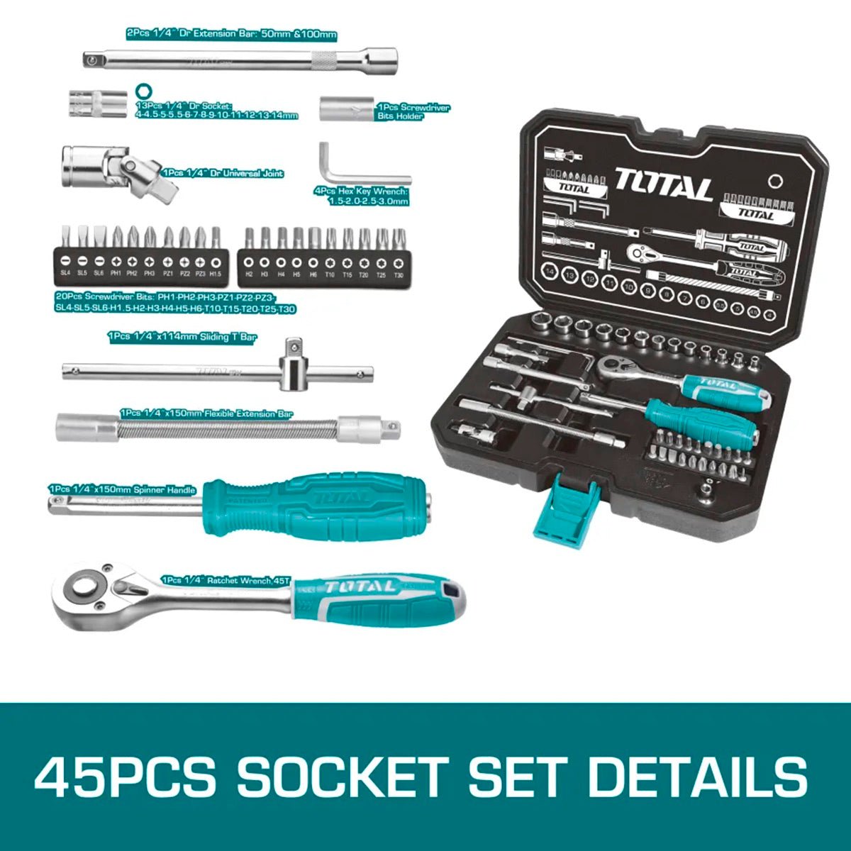 TOTAL 45 Pcs 1/4" Drive Socket Set, 45T Ratchet Wrench, Flexible Extension Bar, BMC Tool Case
