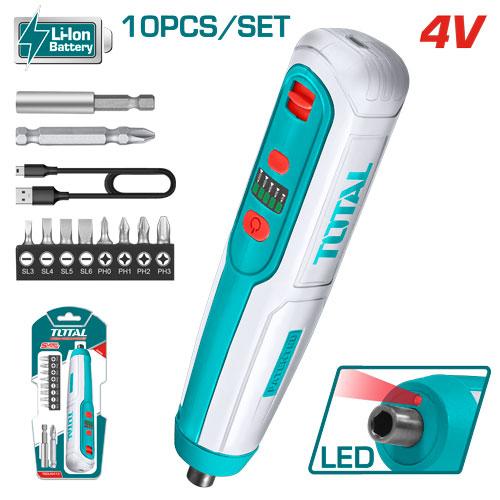 TOTAL TSDLI0402 10PCS Cordless Screwdriver 4V – 5Nm Torque, USB Charging, LED Work Light, 8 Bits & Magnetic Holder