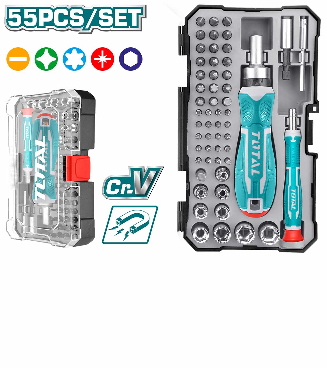 TOTAL TACSD30556 55-Piece Screwdriver Bits Set – S2 Industrial Steel Precision Screwdriver Bit Kit with Magnetic Holder & Storage Case