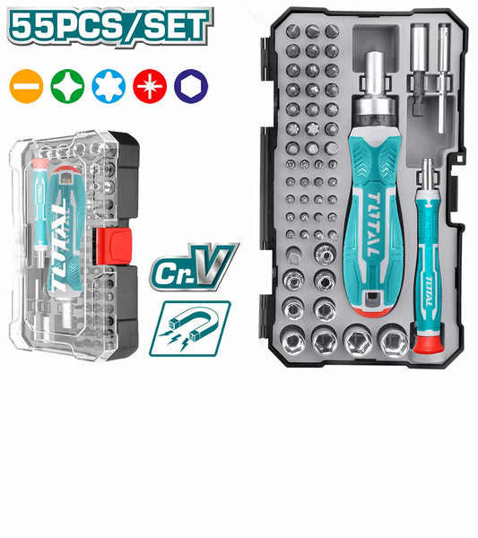 TOTAL TACSD30556 55-Piece Screwdriver Bits Set – S2 Industrial Steel Precision Screwdriver Bit Kit with Magnetic Holder & Storage Case