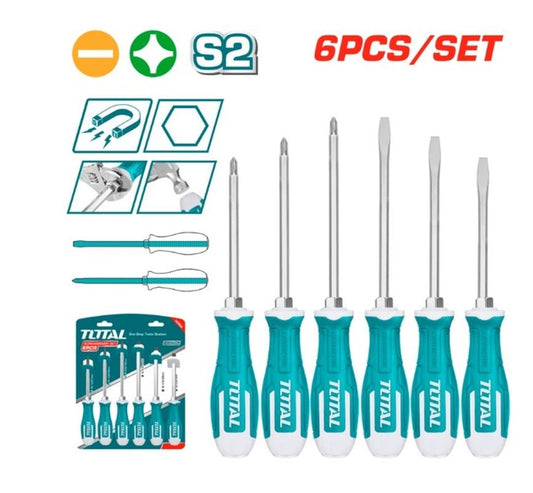 TOTAL 6 Pcs Go-Through Screwdriver Set, S2 Industrial Steel, Hex Shank