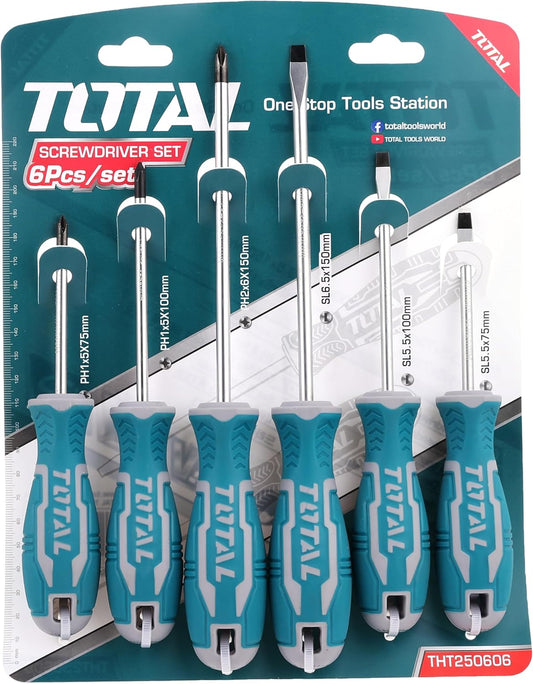 TOTAL 6 Pcs Go-Through Screwdriver Set, S2 Industrial Steel, Hex Shank