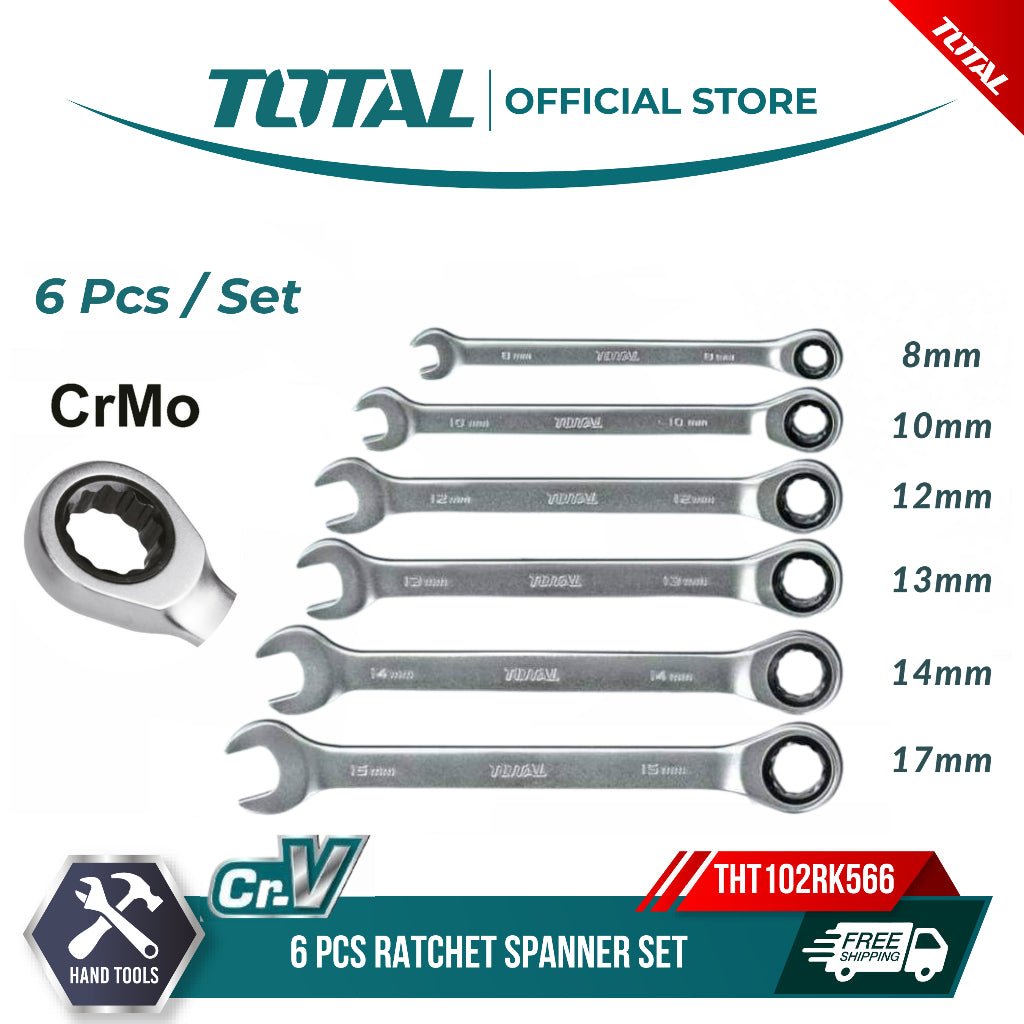 TOTAL 6 Pcs Ratchet Spanner Set 8mm, 10mm, 12mm, 13mm, 14mm, 17mm -THT102RK566
