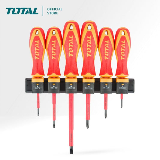 TOTAL THTIS566 6-Piece VDE Insulated Screwdriver Set – 1000V Certified CR-V Electrician Screwdrivers with Wall Mount Holder