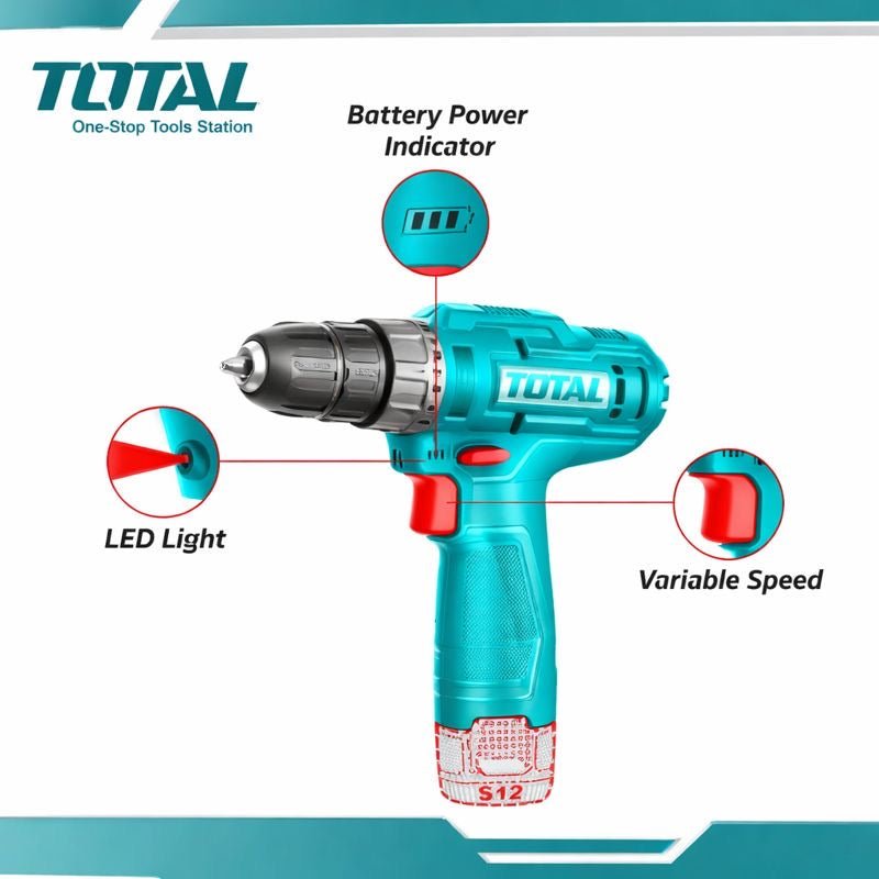 TOTAL TDLI12428 12V Cordless Drill Driver Kit – 20Nm Li-Ion Drill with 2 Batteries, Charger & Carry Case