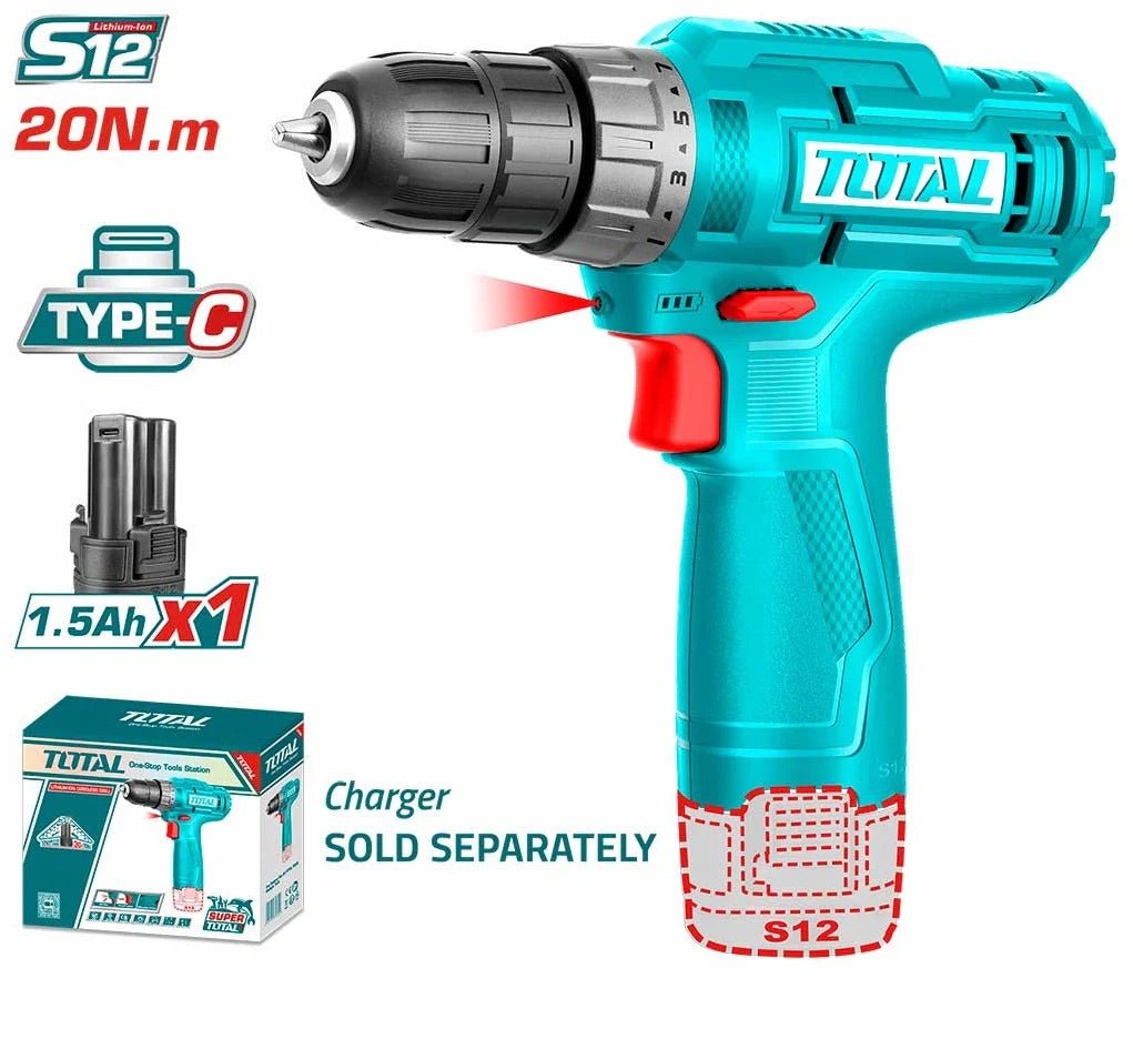 TOTAL TDLI12428 12V Cordless Drill Driver Kit – 20Nm Li-Ion Drill with 2 Batteries, Charger & Carry Case