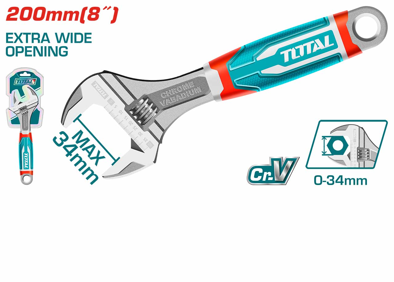 TOTAL Adjustable Wrench 8" with Style Handle- THT101086