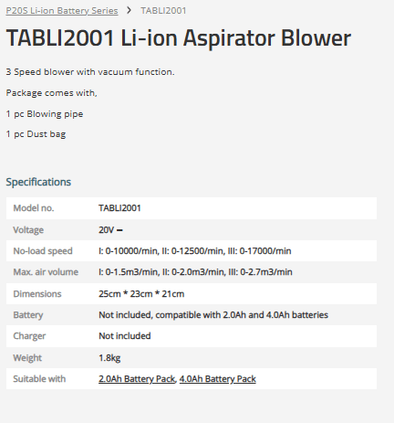TOTAL Aspirator Blower Lithium- ion 20V Without Battery And Charger