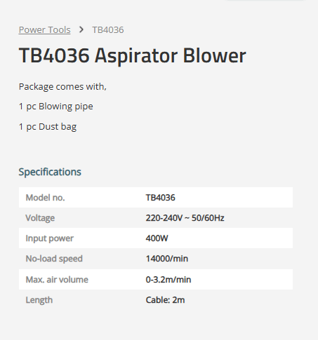 TOTAL Aspirator Leaf Blower 400W TB4036