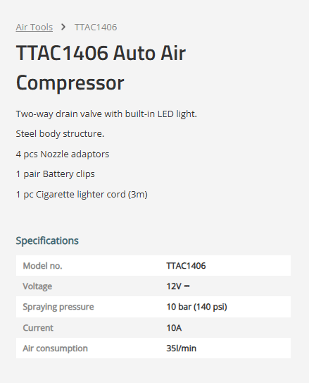 TOTAL Automatic Air Compressor 12V DC, 140 PSI, Portable Tire Inflator with LED Light