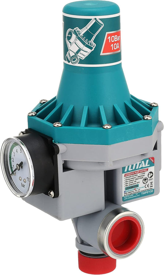 TOTAL TWPS102 Automatic Pump Control 10 Bar, Electronic Water Pump Pressure Controller, 1100W Pump Protection Switch with Pressure Gauge & IP65 Protection