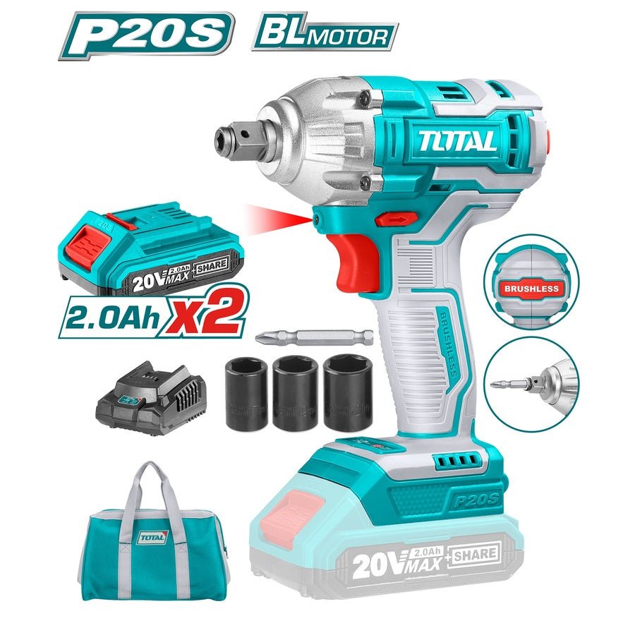 TOTAL TIWLI20208 20V Brushless Cordless Impact Driver & Wrench, 220Nm Torque, 1/2" Square Drive & 1/4" Hex Shank, 2 Batteries, Fast Charger & Canvas Bag