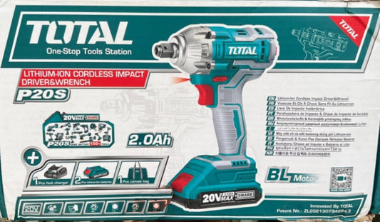 TOTAL TIWLI20208 20V Brushless Cordless Impact Driver & Wrench, 220Nm Torque, 1/2" Square Drive & 1/4" Hex Shank, 2 Batteries, Fast Charger & Canvas Bag