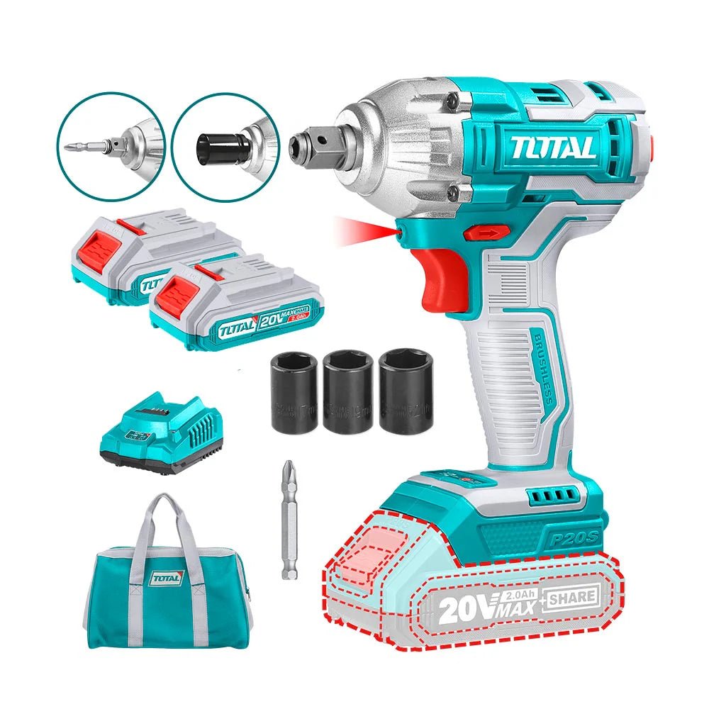 TOTAL TIWLI20208 20V Brushless Cordless Impact Driver & Wrench, 220Nm Torque, 1/2" Square Drive & 1/4" Hex Shank, 2 Batteries, Fast Charger & Canvas Bag