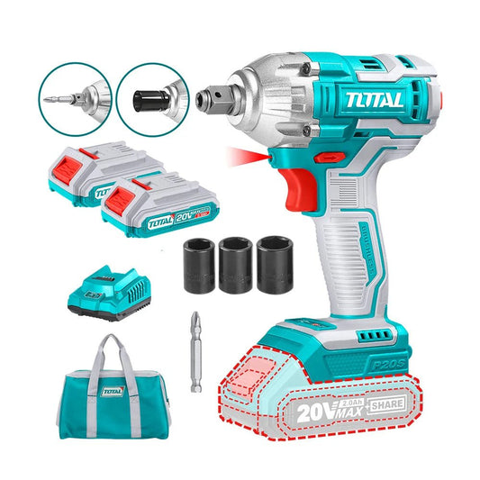 TOTAL TIWLI20208 20V Brushless Cordless Impact Driver & Wrench, 220Nm Torque, 1/2" Square Drive & 1/4" Hex Shank, 2 Batteries, Fast Charger & Canvas Bag