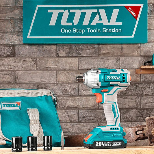 TOTAL TIWLI20208 20V Brushless Cordless Impact Driver & Wrench, 220Nm Torque, 1/2" Square Drive & 1/4" Hex Shank, 2 Batteries, Fast Charger & Canvas Bag