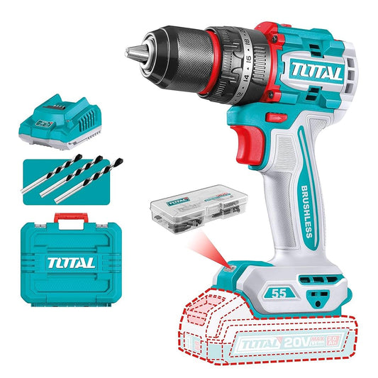 TOTAL TDLI20508 20V Li-Ion Cordless Drill Driver, 55Nm Torque, 13mm Metal Chuck, 2-Speed Brush Motor Drill Kit with 2 Batteries, Fast Charger & Carry Case