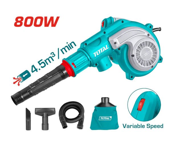 TOTAL TB8036 Electric Aspirator Blower 800W, Variable Speed Air Blower & Vacuum Cleaner with Dust Collection Bag, Flexible Hose & Suction Nozzles