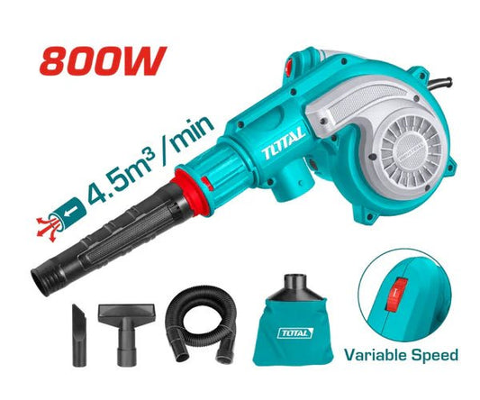 TOTAL Corded Aspirator Blower 800W with Dust Bag, Variable Speed, 4.5m³/min Airflow, Electric Blower & Vacuum Cleaner – 220-240V