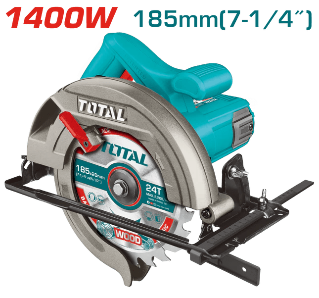 TOTAL TS1141856 Circular Saw 1400W 185mm Professional Wood Cutting Saw, Adjustable Bevel Cutting, 65mm Cutting Depth with TCT Blade