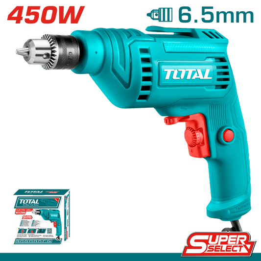 TOTAL TD45656 Electric Drill 450W 6.5mm Variable Speed Compact Power Drill, Forward & Reverse Function for Wood, Metal & DIY Applications