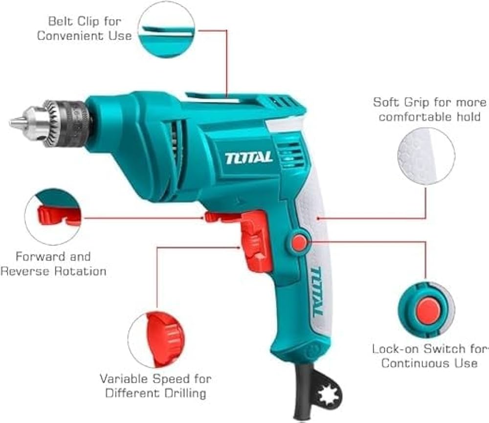 TOTAL TD45656 Electric Drill 450W 6.5mm Variable Speed Compact Power Drill, Forward & Reverse Function for Wood, Metal & DIY Applications