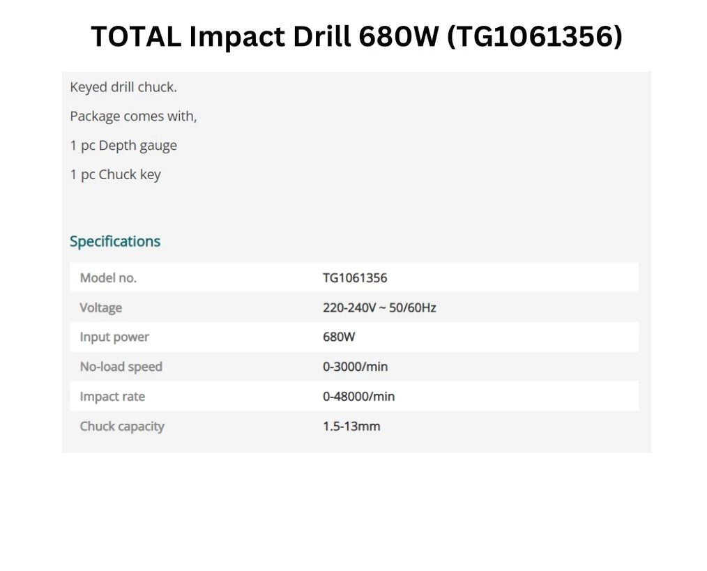 TOTAL TG1061356 Impact Drill 680W 13mm Variable Speed Hammer Drill, Forward & Reverse Function, Heavy Duty Electric Drill for Wood, Metal & Masonry