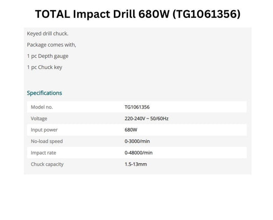 TOTAL TG1061356 Impact Drill 680W 13mm Variable Speed Hammer Drill, Forward & Reverse Function, Heavy Duty Electric Drill for Wood, Metal & Masonry
