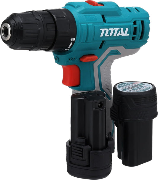 TOTAL TDLI12208 12V Li-Ion Cordless Drill Driver, 20Nm Torque, 10mm Keyless Chuck, 2-Speed Variable Drill Kit with 2 Batteries, Charger & Carry Case