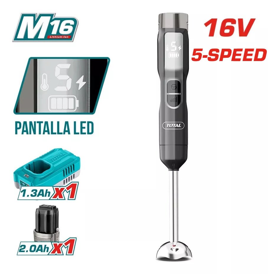 TOTAL Cordless Hand Blender 16V with Battery & Charger, 100W, 5-Speed Control, LED Display, Stainless Steel Shaft